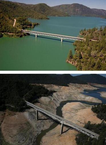 In the top photo, the Enterprise Bridge passes over full water levels at Lake Oroville in California on July 20, 2011. In the second photo, taken Aug. 19 of this year, the lake is nearly dry after three years of severe drought.