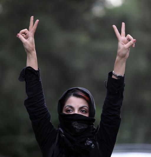 An Iranian woman protests election results in the streets on July 9, 2009 in Tehran. (AFP/Getty Images)