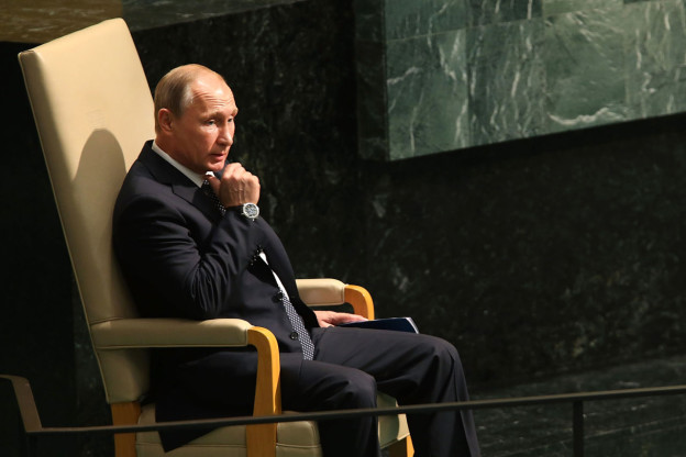 NEW YORK, NY - SEPTEMBER 28: Vladimir Putin, President of Russia, sits before addressing the United Nations General Assembly on September 28, 2015 in New York City. The ongoing war in Syria and the refugee crisis it has spawned are playing a backdrop to this years 70th annual General Assembly meeting of global leaders. (Photo by Spencer Platt/Getty Images)