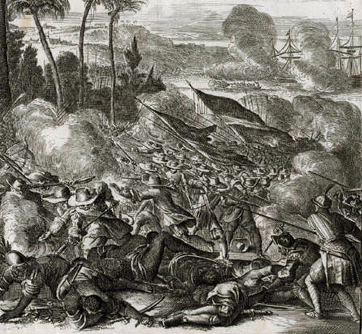 The Dutch East India Company and the Portuguese are depicted in a battle in 1661 on the Malabar Coast with a group called the “Nairos.” - “WOUTER SCHOUTEN'S TRAVELS INTO THE EAST INDIES,” 2ND ED., 1708.