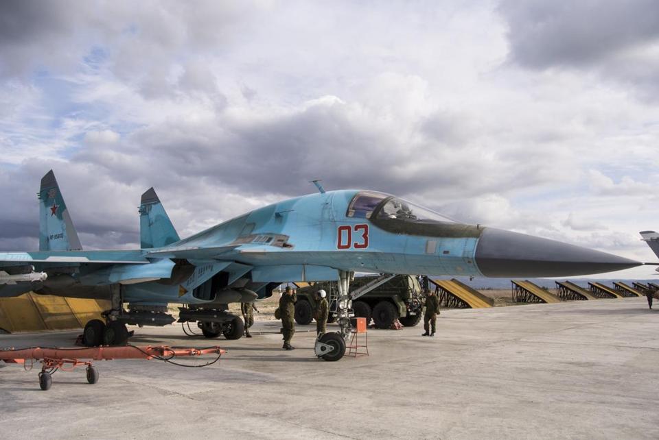 A Russian Su-34 bomber prepared for a combat mission over Syria on Jan. 20. Russian warplanes have flown over 5,700 combat missions sinceSeptember 2015. - VLADIMIR ISACHENKOV/AP