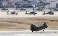 US military helicopters seen in 2020 at one of America's hundreds of overseas military bases, Camp Humphreys in Pyeongtaek, South Korea.